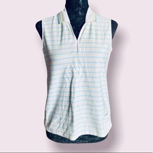 Bette & Court Sleeveless White, Blue and Yellow Striped Golf Polo Shirt